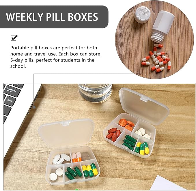 FRCOLOR Transparent 6 Compartment Pill Organizer Compact Medicine Box 3.34X2.36X0.78 Inch Portable Weekly Pill Case for Travel Home School Use