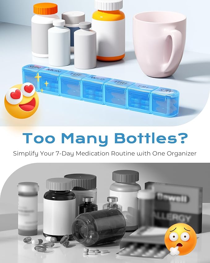 Daviky Weekly Pill Organizer, Large 7 Day Pill Box, Travel Pill Case, Daily Pill Dispenser for Vitamins, Medicines, Supplements, and Fish Oil(Blue)