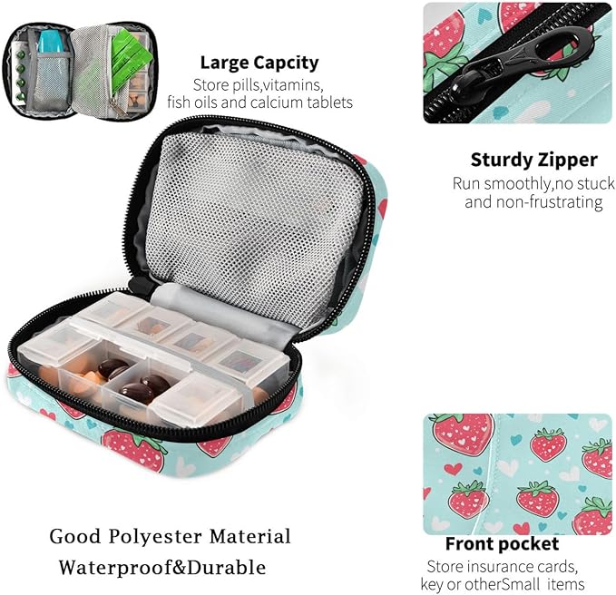 Fustylead Cute Cartoon Strawberry and Little Hearts Pill Organizer for Purse, Weekly Portable Pill Box with Zipper to Storage Vitamins Fish Oils Medications Supplements