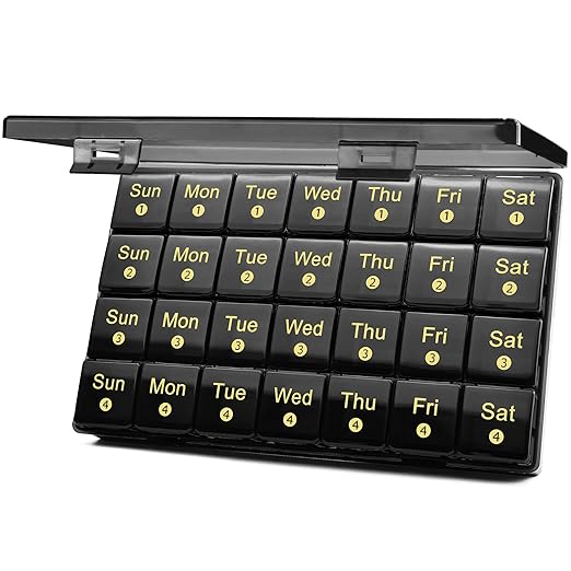 Monthly Pill Organizer 28 Day, 4 Weeks Pill Box 7 Day, XL Weekly Medicine Organizer for Vitamins, Fish Oil, Supplements(Black)