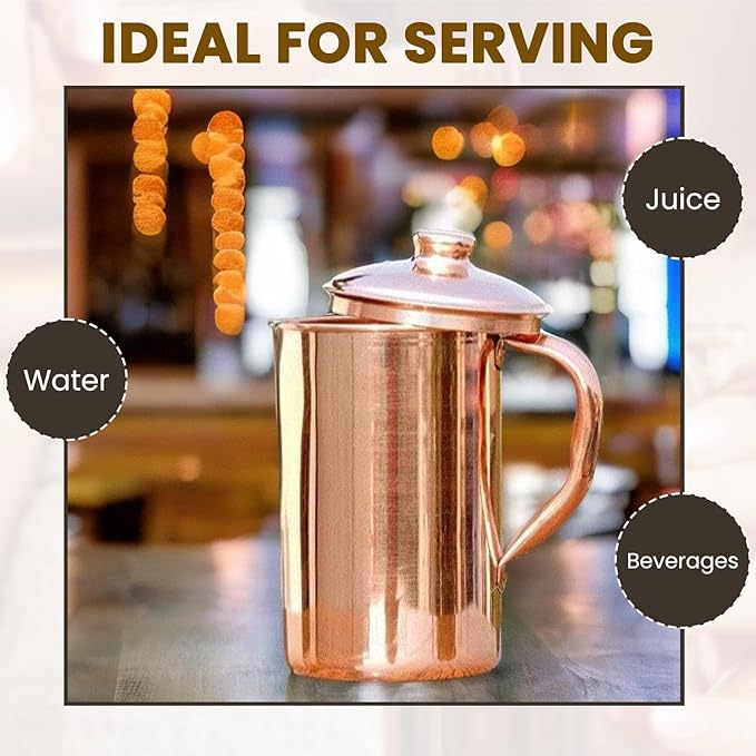 100% Pure Copper Pitcher 50.72 Oz / 1500 ml | Drinking Water Traditional Plain Pitcher With Lid | Copper Jug Handle Water Bottle | Ayurveda Health Benefits | Serving Water in Daily Use