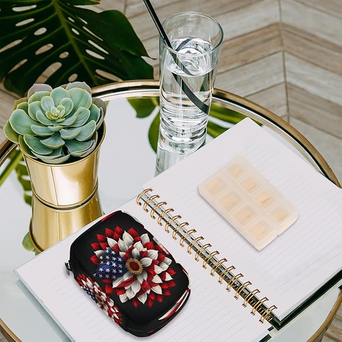 American Flag Daisy Flower Travel Pill Organizer Box Weekly Portable Pill Case Daily Pills 7 Day Small Birth Control Pills Container Removable Compartments for Medicine Vitamins Fish Oil