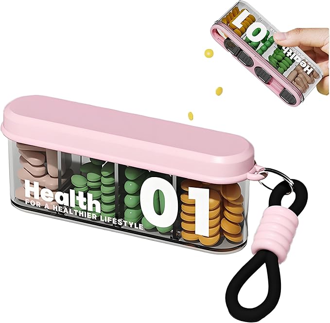 Portable Pill Dispenser with 4 Compartments, Travel Pill Bottle Organizer with Strong Seal，Anti-Mix Supplement Organizer，Pill Box Case with BPA-Free，Pill Container with Wide Opening Design (Pink)