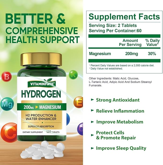 Hydrogen Water Tablets with Magnesium & Electrolytes, 120 Tablets | H2 Molecular Hydrogen Supplement to Support Energy, Brain Health, Metabolism & Healthy Aging