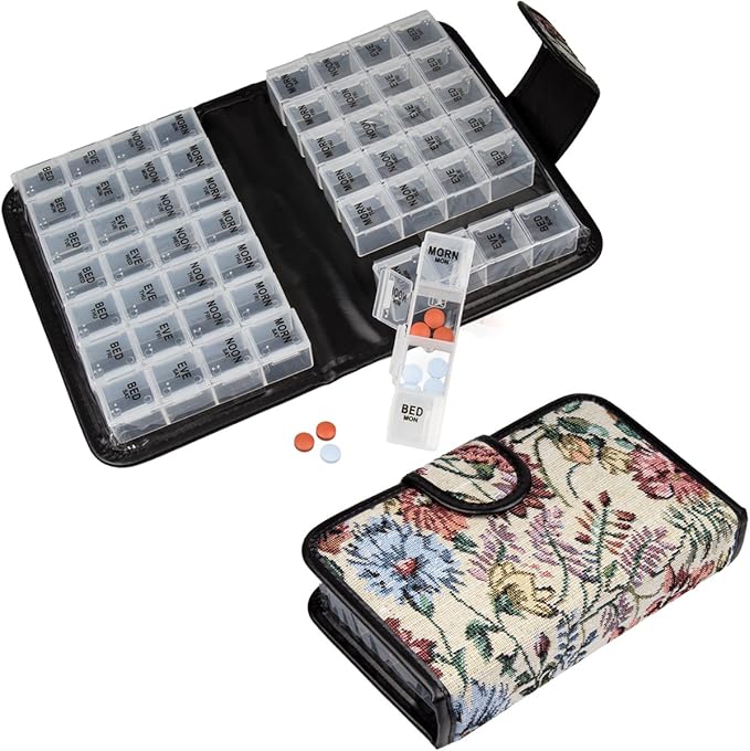 Floral Pill Case Box, 14 Day Pill Holder Pill Container & Medication Organizer, Travel Case - 4 Marked Compartments for Each Day of The Week - Morn, Noon, Eve, Bed