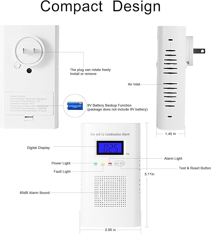 3 Pakcs Combination Gas & Carbon Monoxide Detector, Plug in Carbon Monoxide Alarm & Natural Gas Detector,Propane,Methane,with Backup 9V Battery Feature, Digital Display, for Home, Apartment, RV