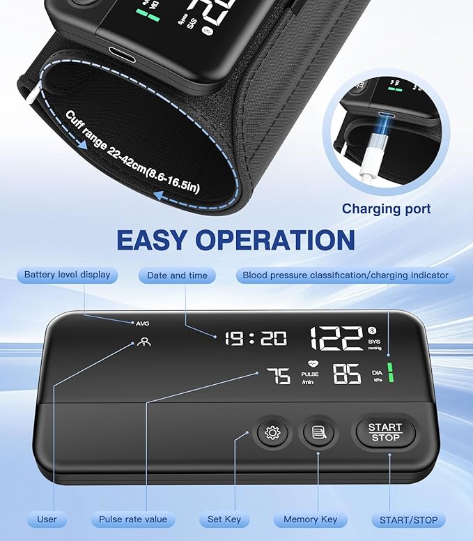 Glucoracy Upper Arm Blood Pressure Monitor, Rechargeable Blood Pressure Machine, Blood Pressure Monitors for Home Use, Portable One-Piece Design, Adjustable Wide Range Arm 10.6"-16.5", Large Display