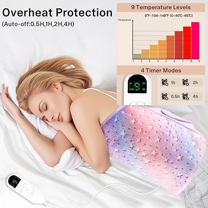 Large Heating Pads for Back Pain/ Period Cramps, 4 Timer(Max 4H)/9 Heat/10ft Long Cord/ 16*24" Heat Pad+27" Belt Wearable(51" in Total) Electric Wrap Around Heating Pad Birthday Christmas Gift(Purple)