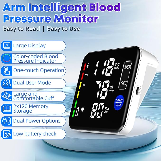 Blood Pressure Monitor Upper Arm Blood Pressure Monitors for Home Use with Bp Cuff, Large Screen Rechargeable Bp Machine, 2x120 Memory, Voice Broadcast, Built-in Lithium Battery
