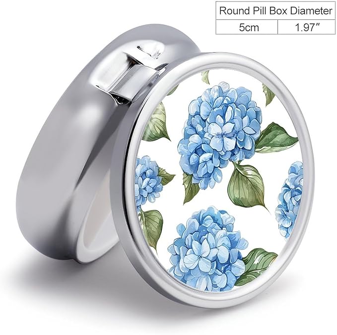 Blue Hydrangea Pattern Pill Box 3 Compartment Small Pill Case with Mirror for Purse & Pocket Travel Medicine Organizer Daily Medication Container Portable Pillbox Metal Medicine Box Round Meds Case
