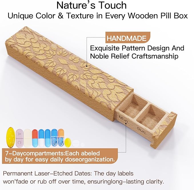 Wooden Pill Organizer, 7 Day Pill Box, Travel Pill Box, Wooden Pill Case Privacy Protection Perfect for Medication, Vitamins, Fish Oils, Supplements (Beech)