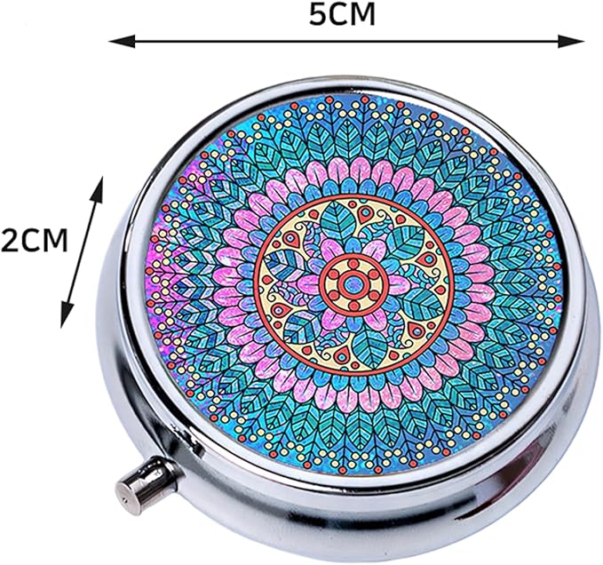 Small Pill Box with Mirror Mandala 3 Compartment Pill Holder for Purse or Pocket Bronze Portable Medicine Vitamin Container Fish Oil and Supplement Storage BPA-Free(Purple Blue)