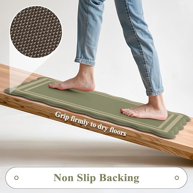 KIMODE Anti Fatigue Mats for Kitchen Floor 17"x47"+17"x29", Farmhouse Kitchen Rugs Sets of 2, Cushioned Kitchen Floor Mat Non Skid, Memory Foam Kitchen Mat for Laundry Office Sink Desk Olive Green