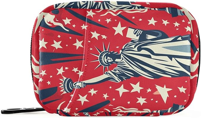 July 4th Statue of Liberty Red Travel Pill Organizer Case Box Container Weekly Portable Vitamin Medicine Holder Storage Bag with Zipper Removable