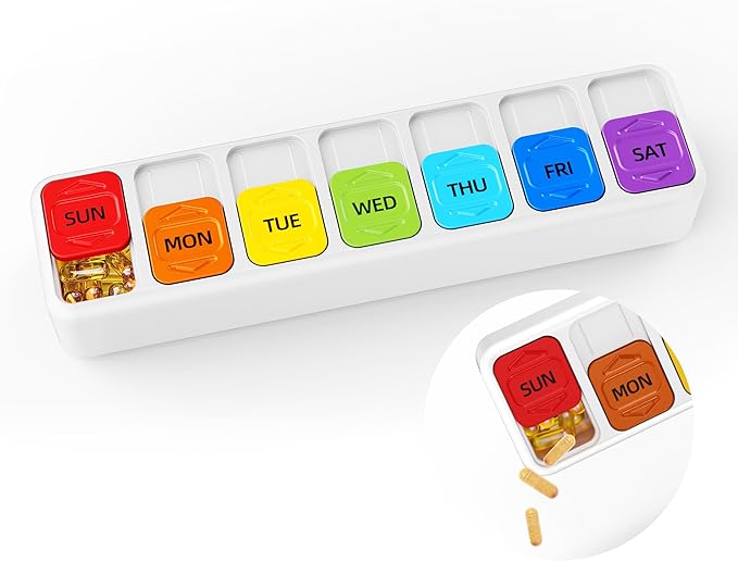 Restree Weekly Pill Organizer Once a Day, Daily Medicine Organizer with Slide-Lid, 7 Day Portable Travel Pill case, Vitamin & Supplement Organizer (White)
