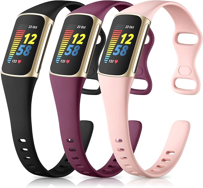 Maledan Compatible with Fitbit Charge 5 Bands Women Men, Soft Silicone Breathable Sport Replacement Accessories Slim Strap for Fitbit Charge 5/6 Advanced Fitness Tracker, 3 Pack Black/Pink/Winered