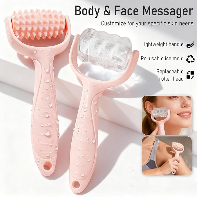 Ice Roller for Face, Reusable Facial Ice Roller for Eyes, Face, and Neck, 2 in 1 Massage Roller with Ice Face Mold and Silicone Textured Roller Head for Skin Care and Puffiness & Pain Relief, Pink