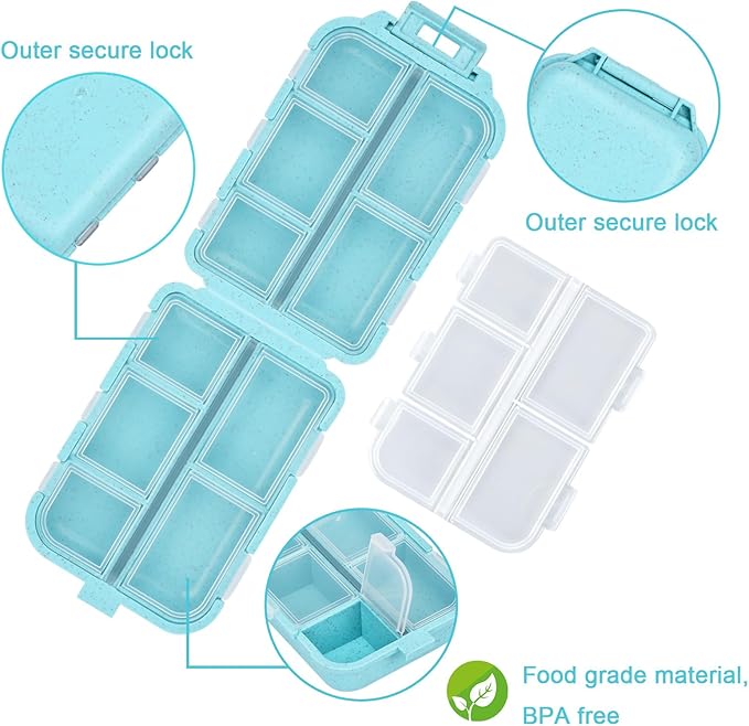 Large Travel Pill Organizer with Medicine Labels, 10 Compartments Travel Medicine Organizer Daily Pill Container Travel Pill Box Purse Pill Case (Blue, 189 Lables)
