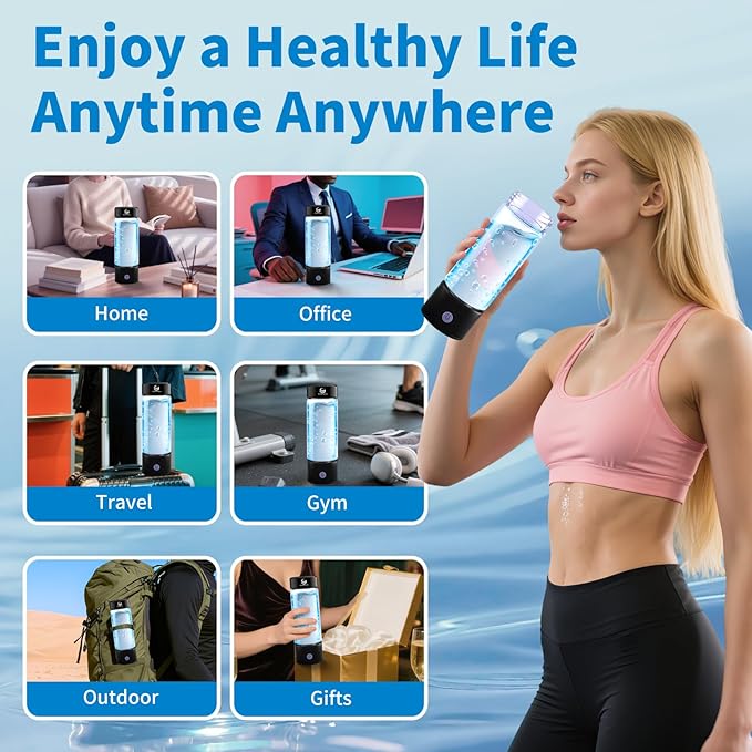 Hydrogen Water Bottle, 4600+ PPB with SPE PEM Technology, Portable Generator & 450ml Glass Bottle, UL Certified, Rechargeable - Ideal for Gym, Travel, Office & Active Lifestyle
