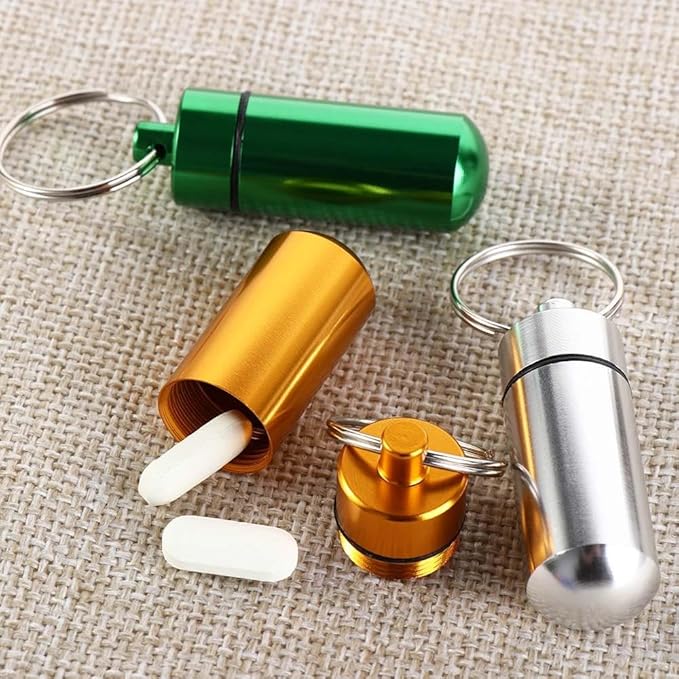 8 Pcs Aluminum Alloy Pill Box Case with Keychain, Mini Travel Pill Organizer Pocket Medicine Jar Waterproof Pill Bottle Container for Outdoor Camping