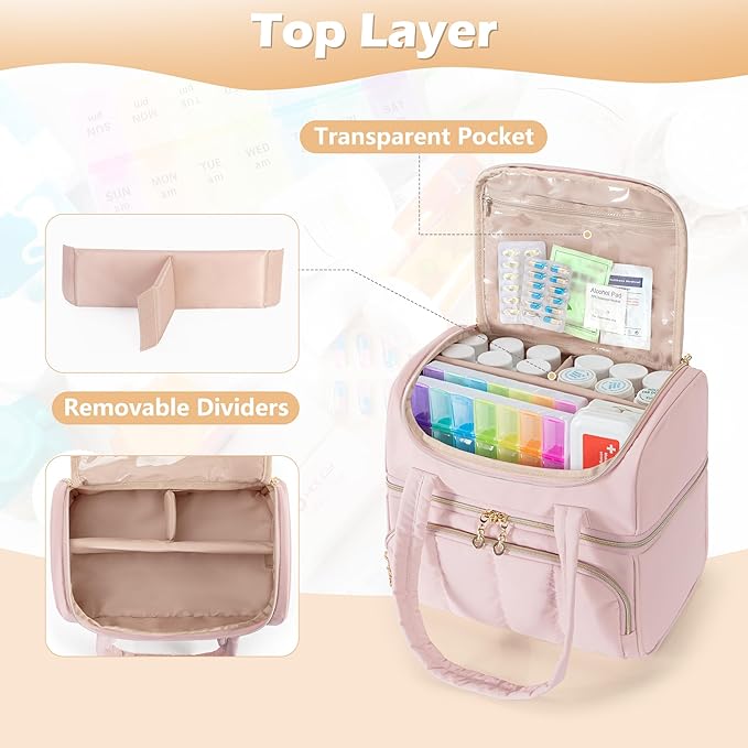 Damero Double Layers Medicine Bottle Organizer, Lockable Pill Bottle Organizer Medicine Bag with Lockable Zipper and Detachable Dividers for Medication, Vitamins or Medical Supplements, Pink