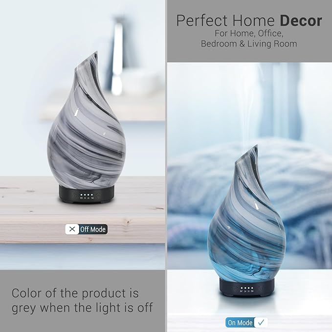 Essential Oil Diffuser Aromatherapy Diffuser - Art Glass Oil Diffuser with Auto Shut-Off Protection 4 Timer Setting 7 Colors Changed LED Night Light for Home Office Decor Gift (Grey Wave)
