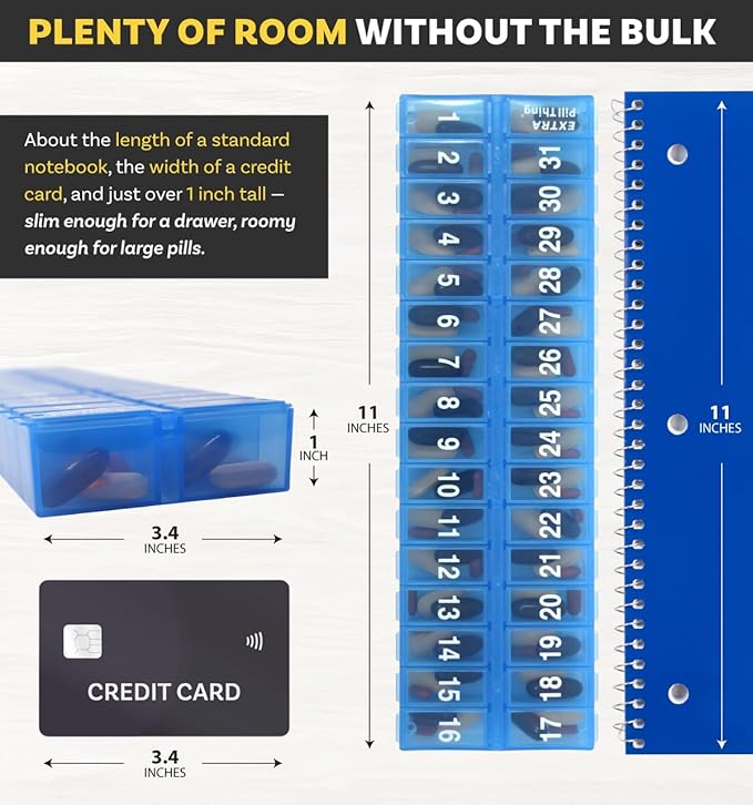AM PM 31 Day Once-a Day Monthly Pill Planner Organizers - Large Compartment Pill Boxes Store Medications for Entire Month Plus Compartment for Extra Pills (AM/PM) (Am/Pm Blue & Blue)