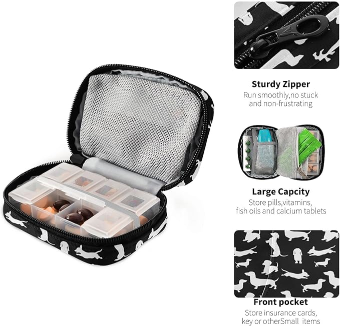 Ollabaky Black Dachshund Dogs Pill Organizer 7 Day Pill Case Travel Pill Organizer Bag Pill Box Portable Weekly Case with Zipper Compact Size for Vitamin Supplement Holder