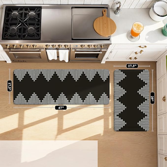 KIMODE Anti Fatigue Kitchen Mats, Black Kitchen Rugs, Padded Kitchen Mat for Floor, Comfort Foam Standing Desk Mat, Cushioned Kitchen Mats for Floor 2 Piece for Laundry Office Sink 17"x47"+17"x29"
