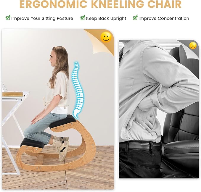 Ergonomic Kneeling Chair, Wooden Posture Chair W/Extra Padding for Back Neck Pain Relief & Improving Posture, Rocking Meditation Stool W/Knee Support for Home Office (Black)