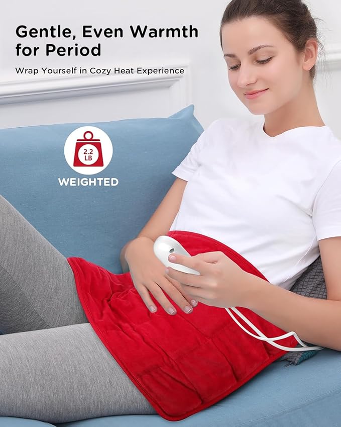 Comfytemp Weighted Heating Pad for Period & Back, 2.2lb Extra Large Menstrual Heated Pad, 12" x 24" XL Electric Heat Pad with 9 Heat Level & 11 timers auto-Off for Neck Shoulder Leg Knee Abdomen, Red