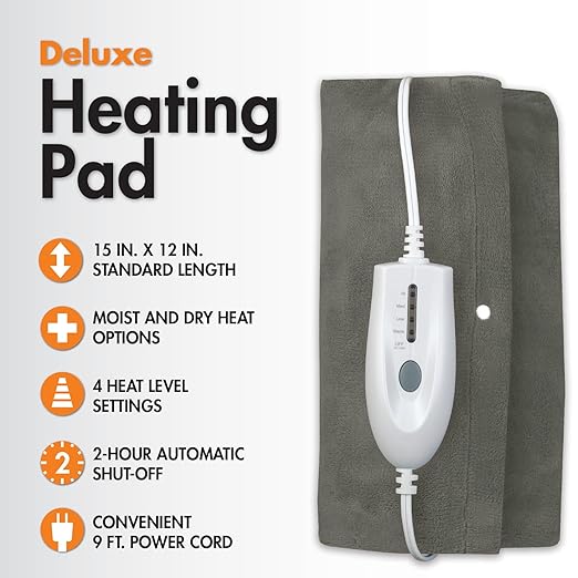 TheraCare Deluxe Heating Pad | Moist & Dry Heat | Four-Heat Settings | Sore Muscles | Soothing Warm Relief | Personal Size 12” x 15” | Safe, Automatic Shut Off