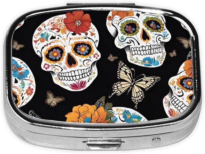 (Sugar Skulls) Square Pill Box with 2 Compartment Small Pill Organizer Portable Pill Case Vitamin Containers, Travel Essentials 2.2 x 1.6 x 0.7 inches
