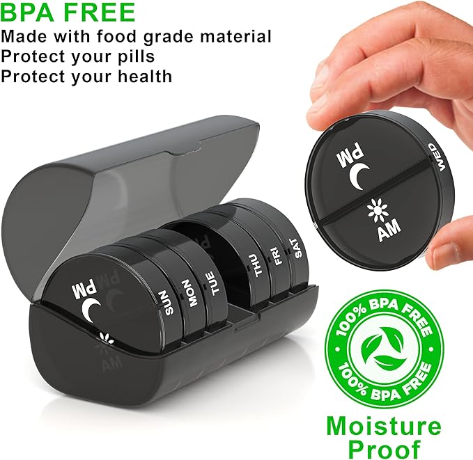 Weekly Pill Organizer 2 Times a Day - Large Capacity –Travel Pill Box 7 Day with Airtight Lid Lock – Portable Pill Case for Purse – Ideal for Vitamins, Supplements, and Fish Oil Pills (Black)
