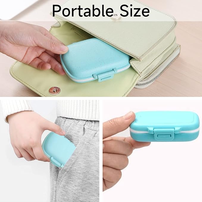 4 Pack Travel Pill Organizer,8 Compartments Weekly Pill Box Moisture Proof Small Pill Case for Pocket Purse Daily Portable Medicine Vitamin Holder Container（Blue+Green+Khaki+Pink）