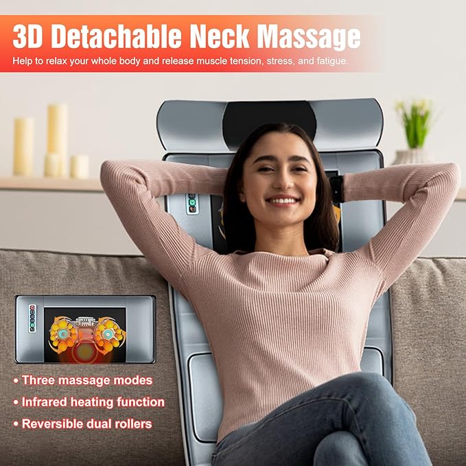 Heated Full Body Massage Mat – 10 Motors Vibration Massage Pad for Bed, with Inflatable Neck Pillow & Lumbar Support, 3 Timer Settings, Electric Shiatsu Back Massager for Home Use
