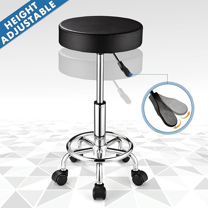 Adjustable Stool with Wheels Round Rolling Stool for Spa Salon Massage Office Chair (Black)