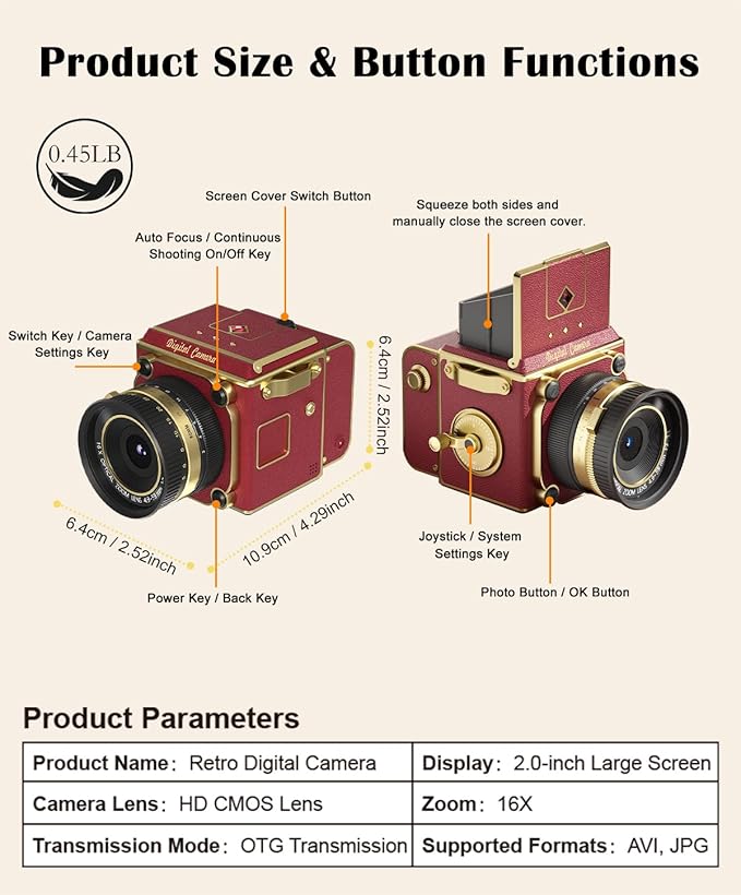 Vintage Digital Camera, 64MP 2.7K Retro Point and Shoot Camera with Autofocus, 2" IPS Waist-Level Screen & 16GB TF Card, 16X Zoom Compact Photography Camera for Beginners Kids Teens, Butterfly Door
