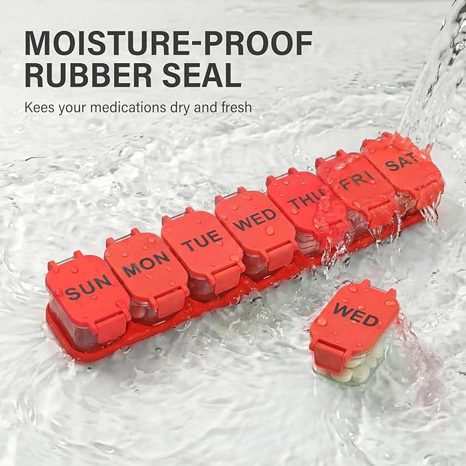 Extra Large Weekly Pill Organizer - Waterproof 7-Day Pill Box, Portable Vitamin & Supplement Case, Easy to Open Design, Ideal for Travel a nd Daily Medication Management (Red)