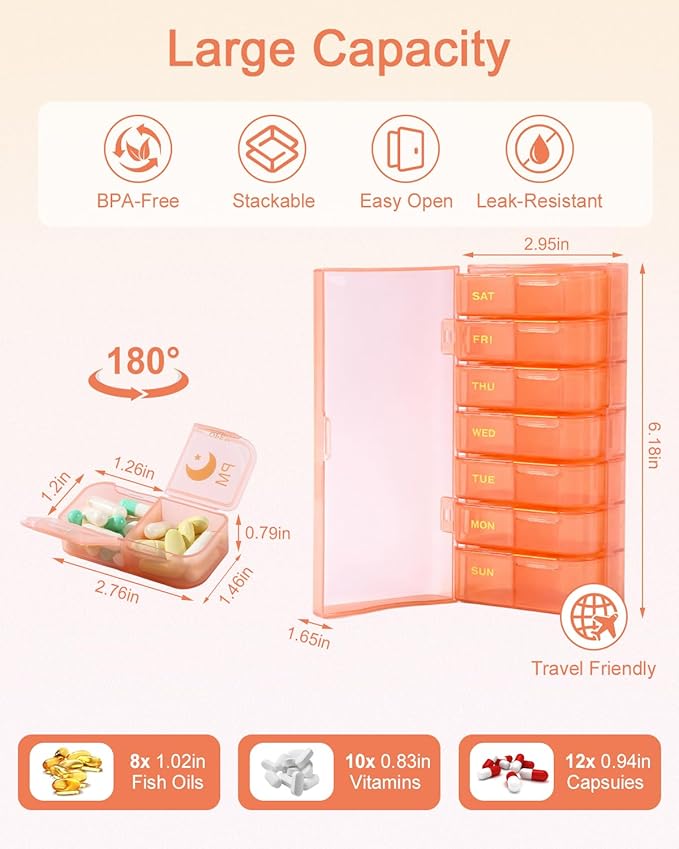 Weekly Medicine Pill Organizer 2X a Day, 7 Day 2 Times a Day Travel Pill Case for Purse, Cute Pill Box for Vitamins, Fish Oils, Supplements (Pink)