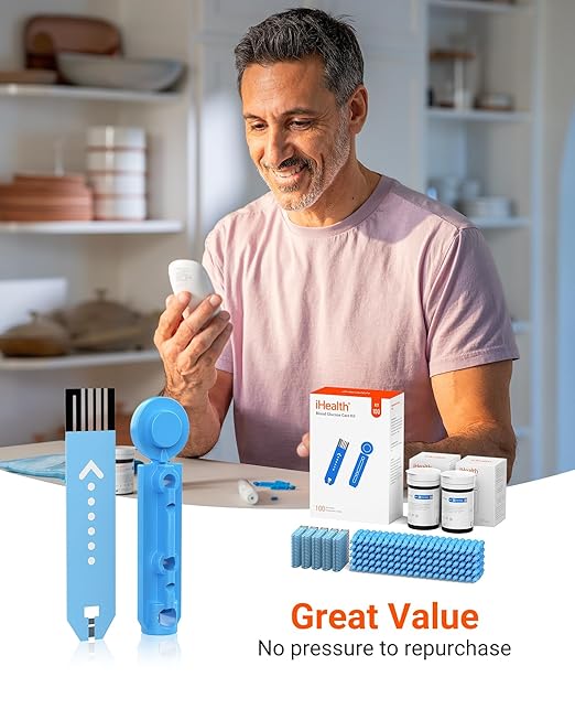 iHealth Acacia Blood Glucose Monitor Kit, 100 Glucometer Strips, 100 Lancets, 1 Blood Sugar Monitor, 1 Lancing Device, 1 Travel Bag, No Coding, Portable Blood Sugar Testing Kit, For People with Diabetes