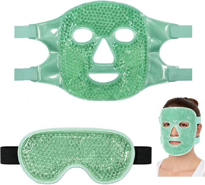 Cooling Green Ice Face & Eye Mask Combo Pack – Reusable Hot & Cold Gel Pack with Soft Plush Backing for Puffiness, Dark Circles, Sinus Pressure & Relaxation