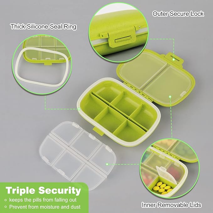 Travel Pill Organizer 8 Compartments Portable Pill Box Medicine Organizer Small Daily Pill Case Medicine Container for Pocket Purse (Green)