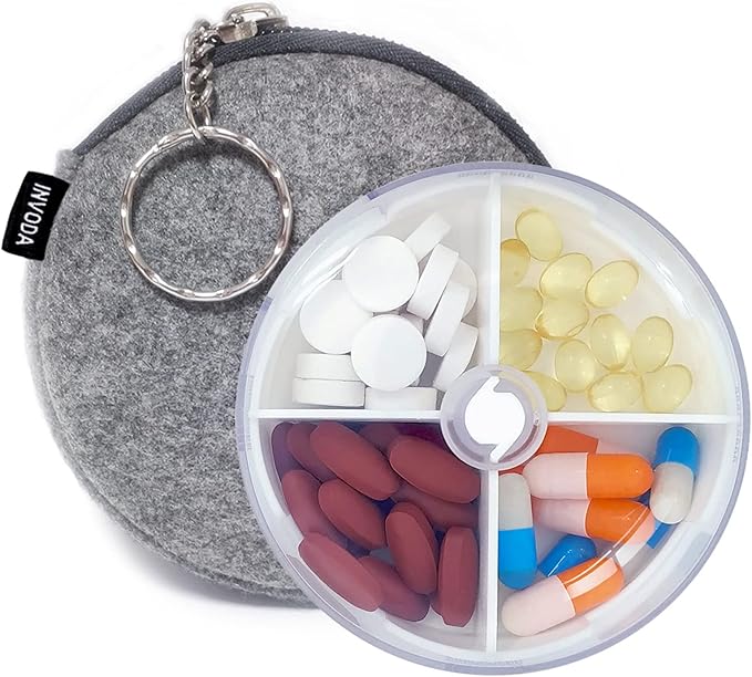 Pill Organizer Portable Travel Pill Box Round Rotatable Pill Case 4 Large Compartments Medicine Organizer for Vitamin Fish Oil Pills Supplements (White + Dark Bag)