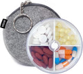Pill Organizer Portable Travel Pill Box Round Rotatable Pill Case 4 Large Compartments Medicine Organizer for Vitamin Fish Oil Pills Supplements (White + Dark Bag)