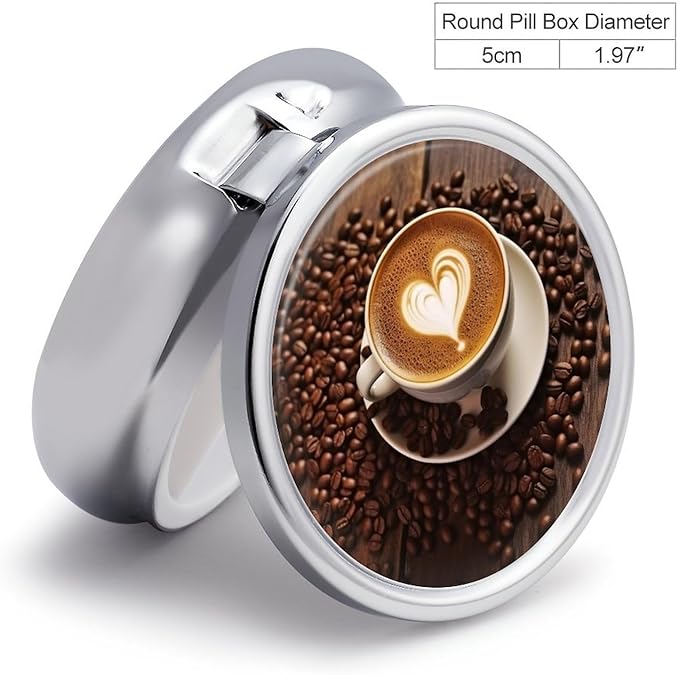 Coffee with Heart Pattern Pill Box 3 Compartment Small Pill Case Portable Pill Box for Pocket Or Purse Round Metal Pill Box Cute Medicine Organizer Holder to Hold Vitamins Medication