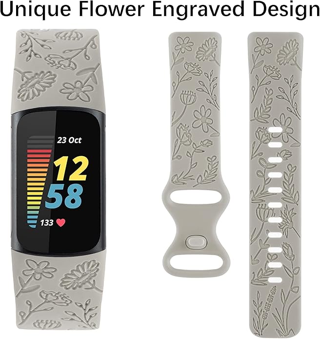 Flower Engraved Bands Compatible with Fitbit Charge 5 Band/Charge 6 Bands Women Cute Floral Engraving Soft Silicone Sport Strap Replacement Wristband for Fitbit Charge 5/6 Tracker Accessories