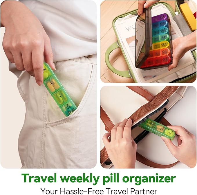 Zoksi Pill Organizer 4 Times a Day, BPA Free Weekly Travel Pill Box，Daily Pill Case with 28 Compartments to Hold Medicine, Vitamin and Supplement(Black)