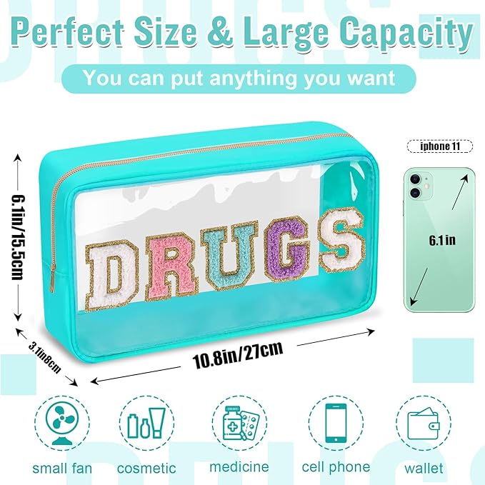 Chenille Letter Clear DRUGS Makeup Bag, Meds Travel Bag Small Preppy Makeup Pouch with Zipper, Transparent PVC & Nylon Waterproof Portable Glitter Cosmetic Toiletry Storage for Women Girl(DRUGS-Green)