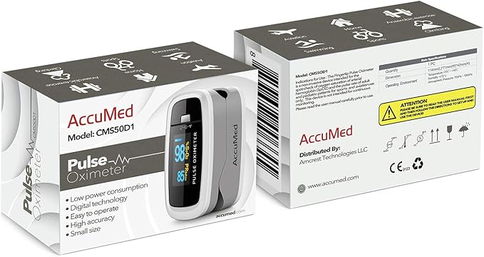 AccuMed CMS-50D1 Fingertip Pulse Oximeter Blood Oxygen Sensor SpO2 for Sports and Aviation. Portable and Lightweight with LED Display, 2 AAA Batteries, Lanyard and Travel Case (White)